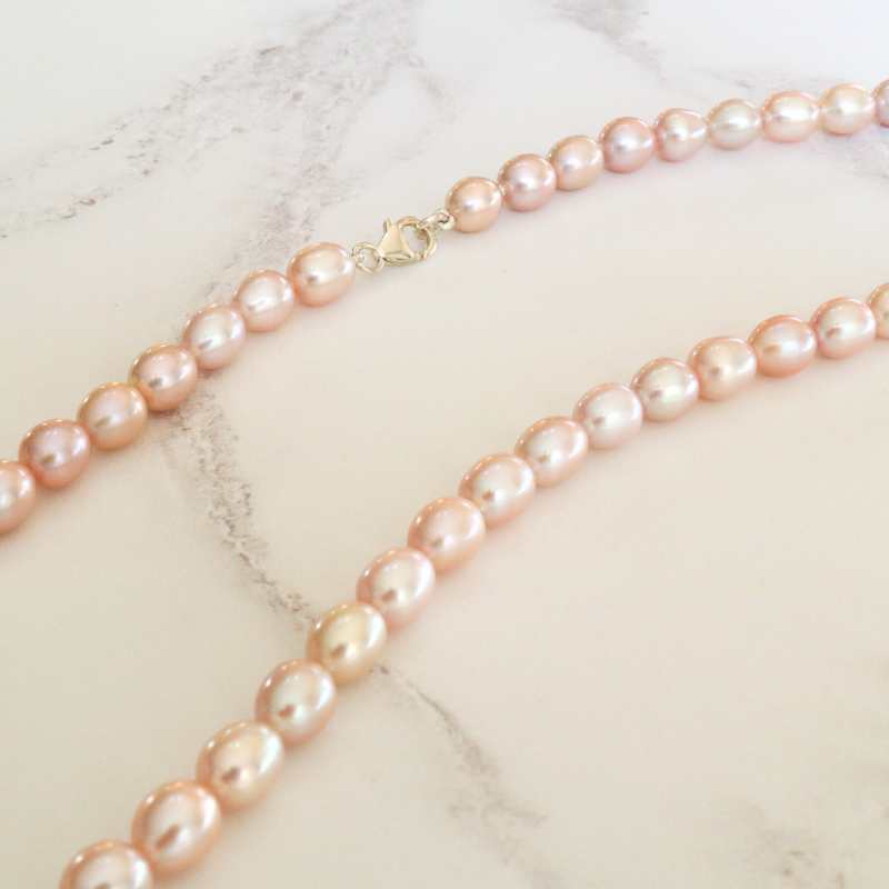 necklace in silver and pink barrel shape pearls - Carathea jewellers