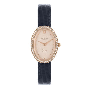 Ladies Radley watch with blue leather strap and champagne dial set with crystals - Carathea.