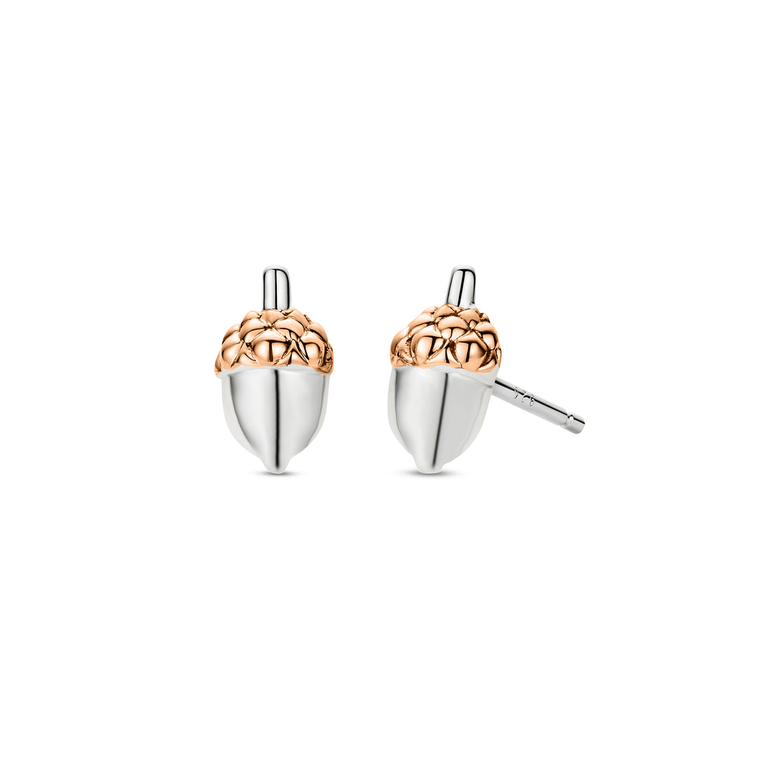 These are sterling silver oak leaf stud earrings with Welsh rose gold accents, measuring 9 by 6 millimeters, and secured with butterfly fastenings.