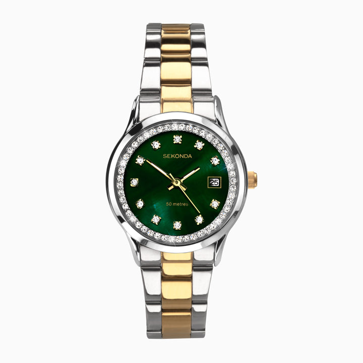 Sekonda ladies watch with a green mother of pearl dial and two-tone bracelet.