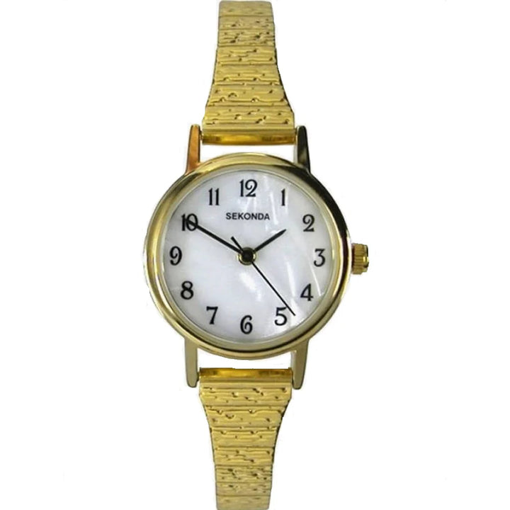 Gold easy reader watch with white dial and expansion band.
