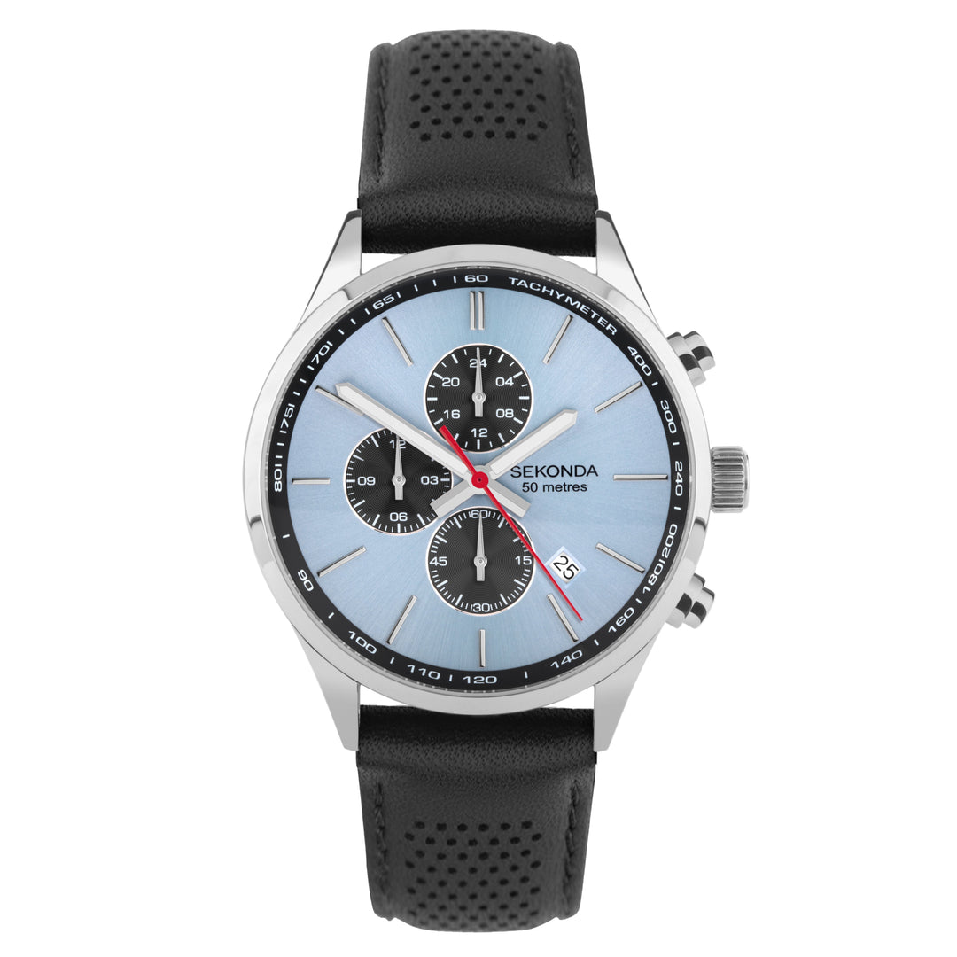 Sekonda chronograph watch with a silver case and black leather strap.