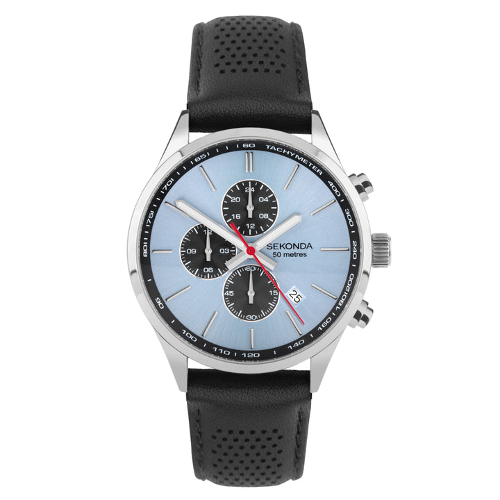 Sekonda chronograph watch with a silver case and black leather strap.
