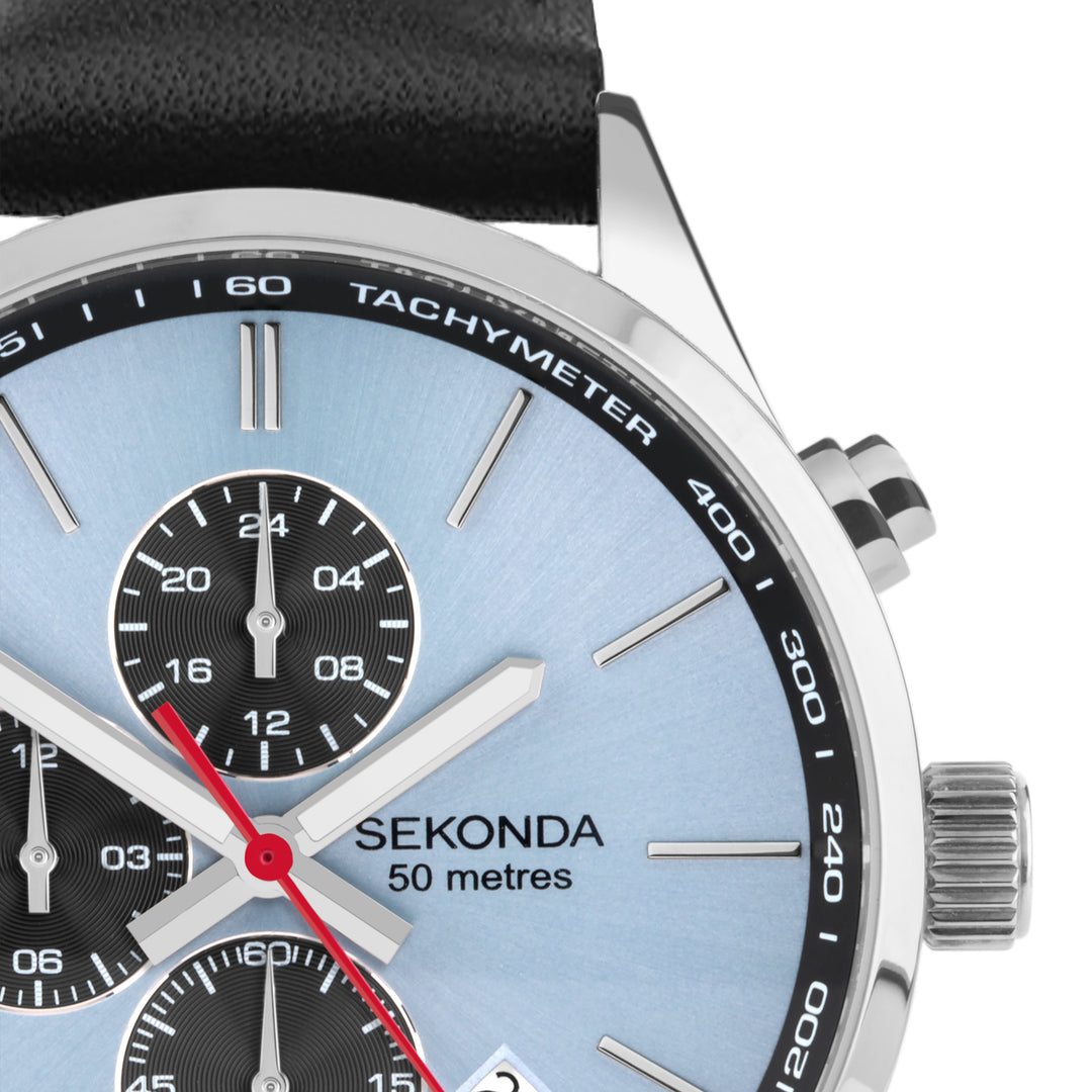 Sekonda chronograph watch with a silver case and black leather strap.