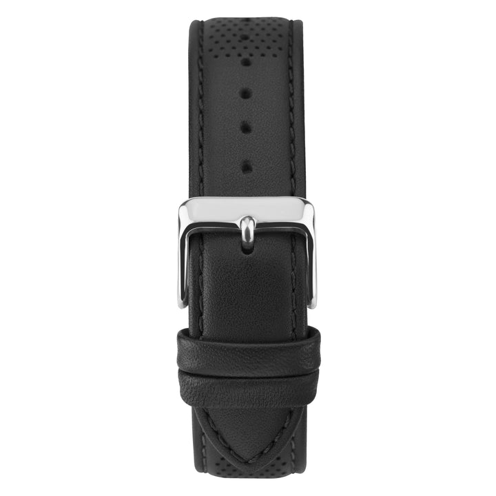 Sekonda chronograph watch with a silver case and black leather strap.