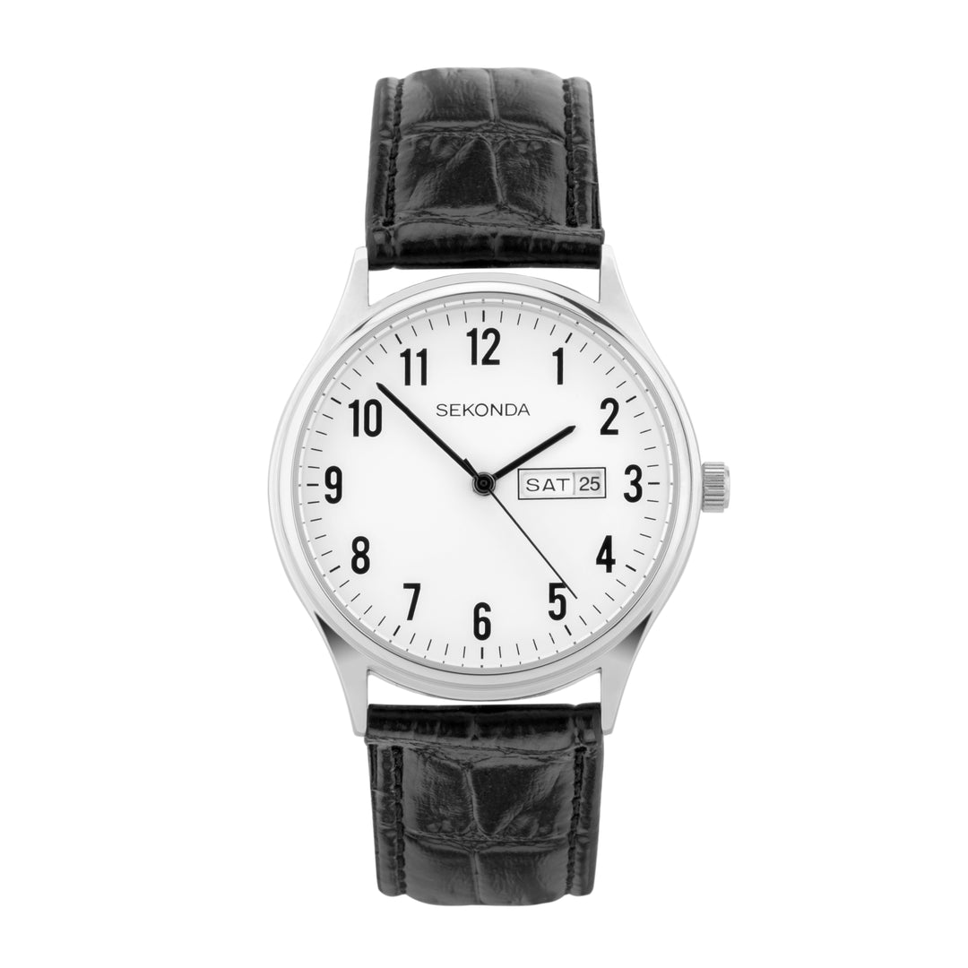 Sekonda easy reader watch with a silver case and black leather strap.