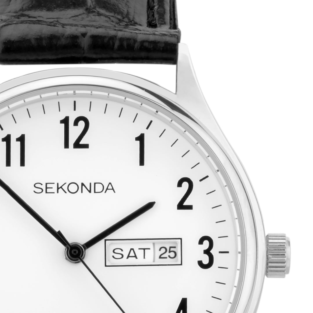 Sekonda easy reader watch with a silver case and black leather strap.