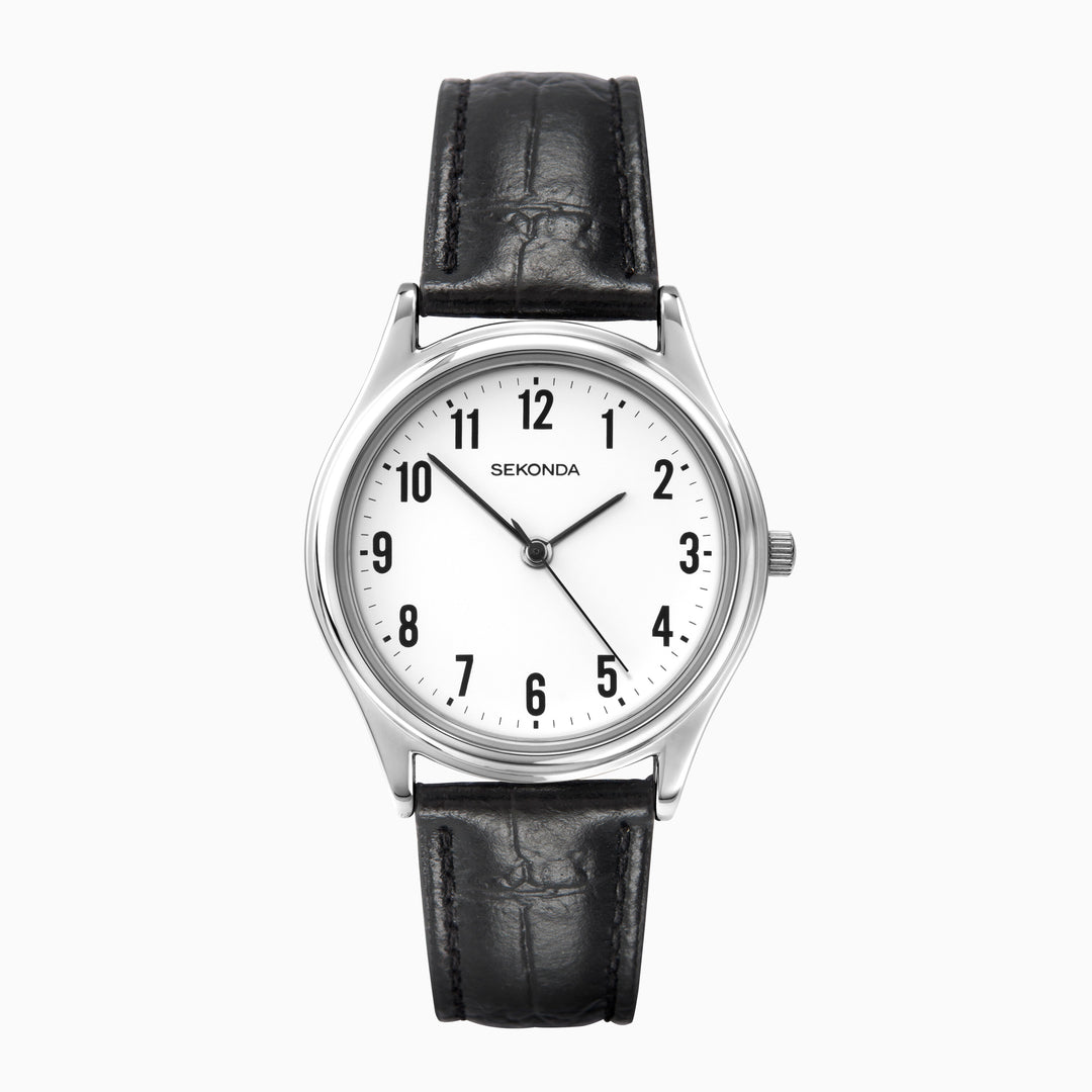Sekonda easy reader watch with a black leather strap.