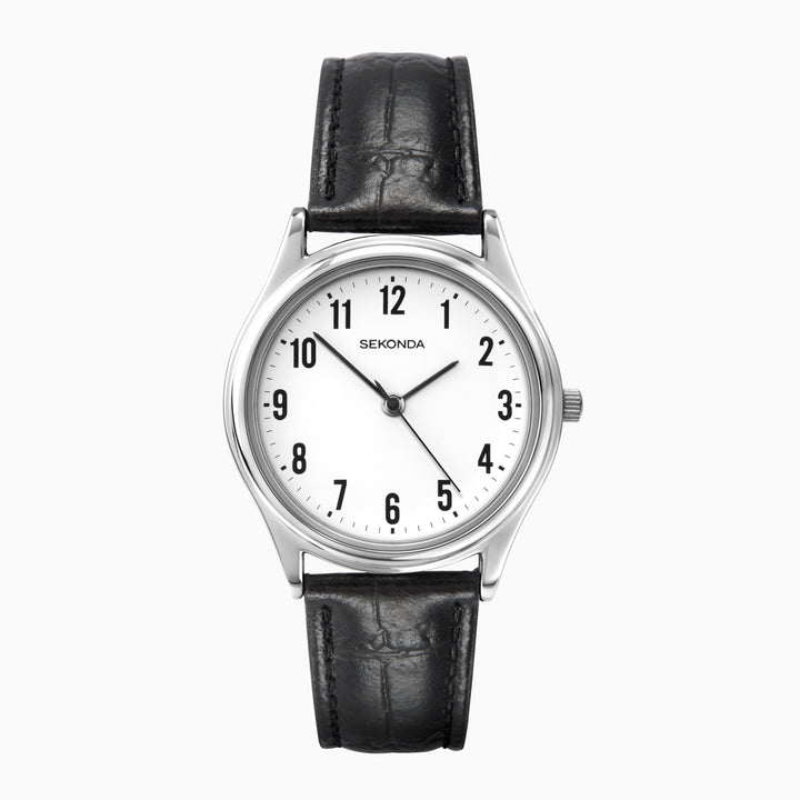 Sekonda easy reader watch with a black leather strap.