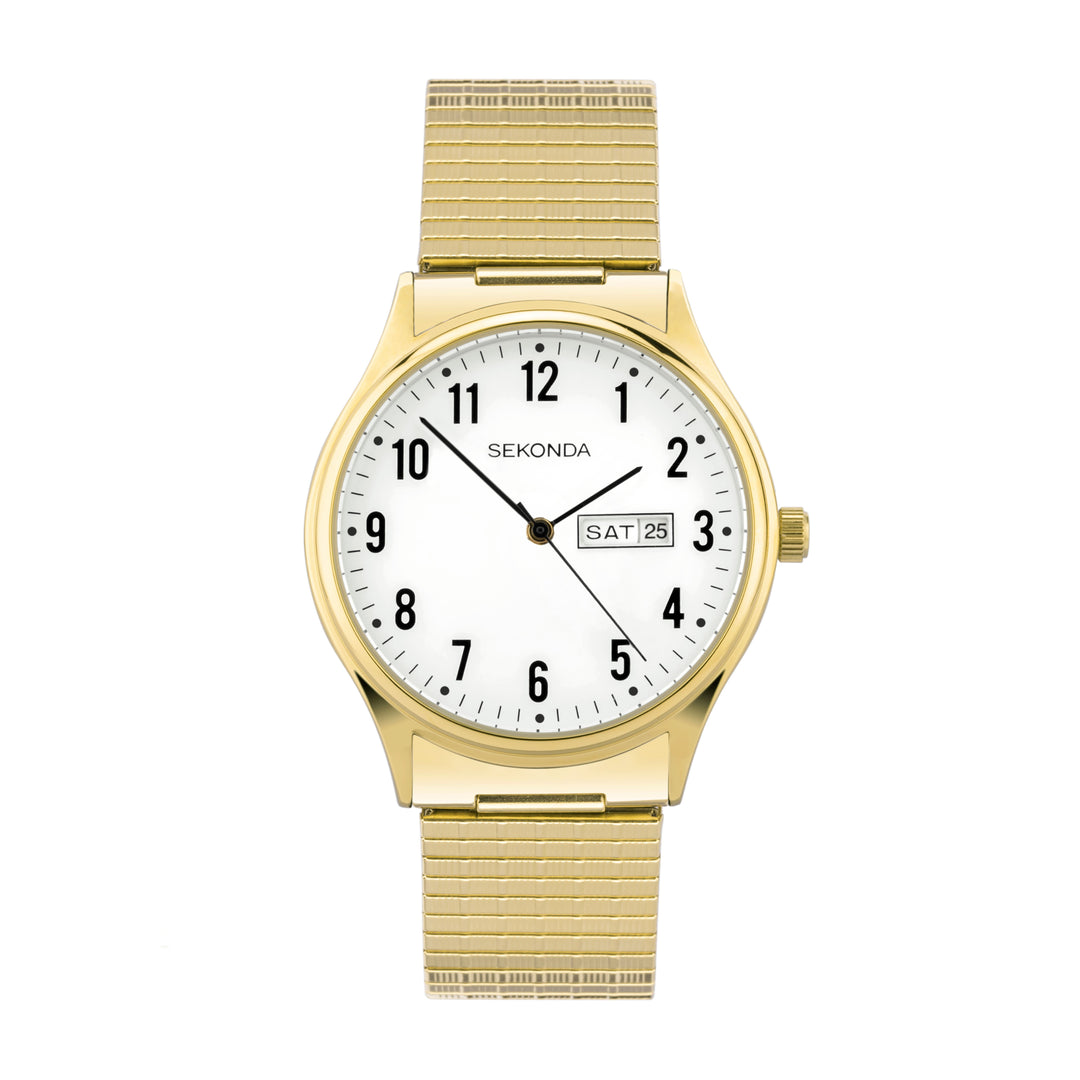 Gold watch with a white face and stainless steel band.