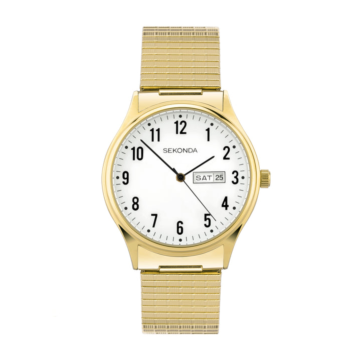 Gold watch with a white face and stainless steel band.