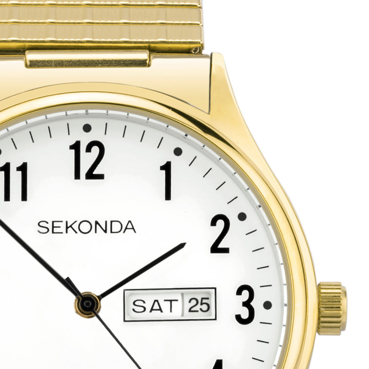 Gold watch with a white face and stainless steel band.