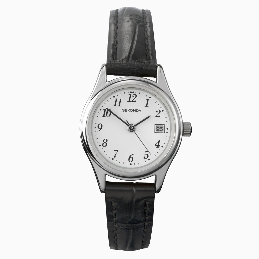 Sekonda Easy Reader watch with a white face and black leather strap.