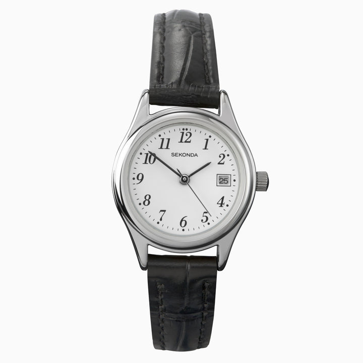 Sekonda Easy Reader watch with a white face and black leather strap.