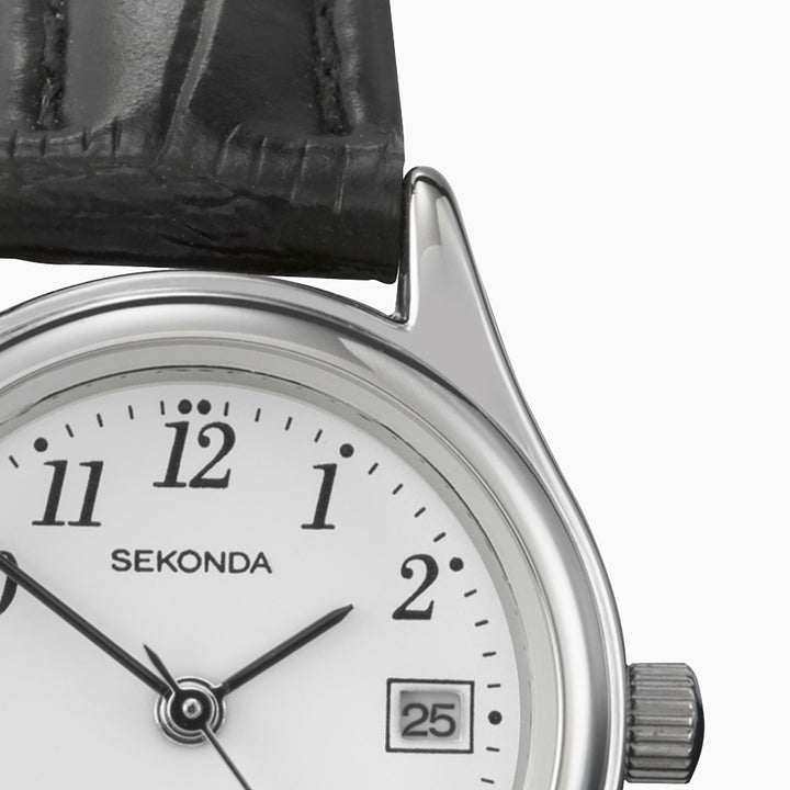 Sekonda Easy Reader watch with a white face and black leather strap.