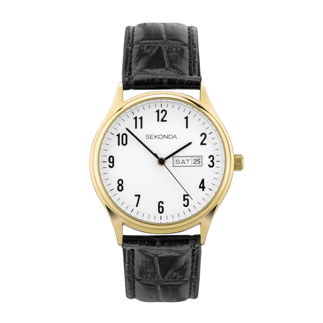 Sekonda easy reader watch with a gold case and black leather strap.