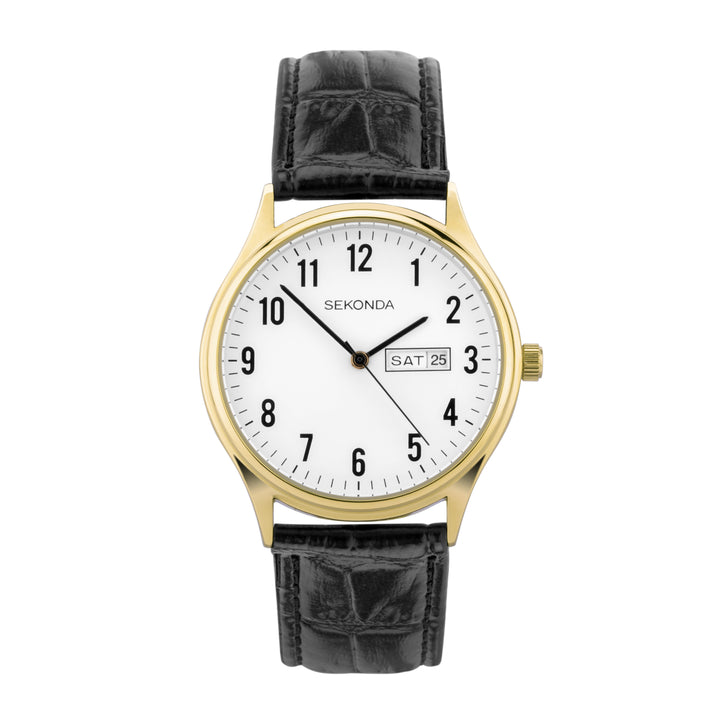 Sekonda easy reader watch with a gold case and black leather strap.