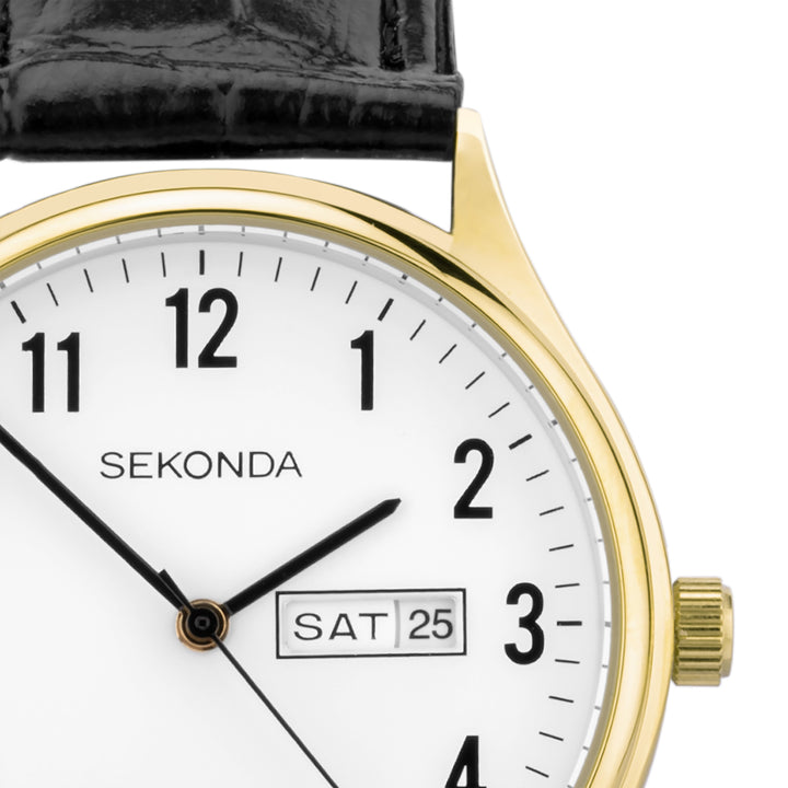 Sekonda easy reader watch with a gold case and black leather strap.