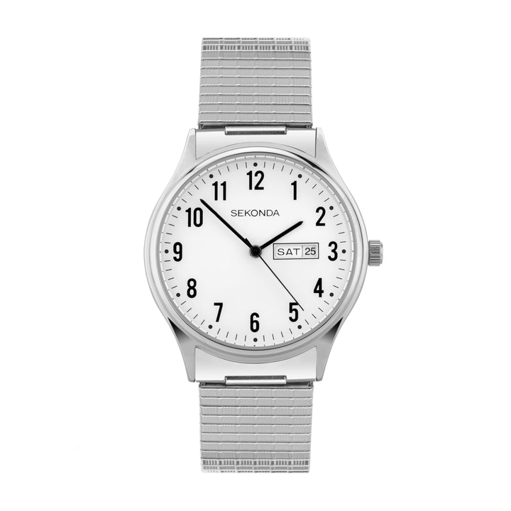 Sekonda easy reader watch with a white dial and stainless steel band.