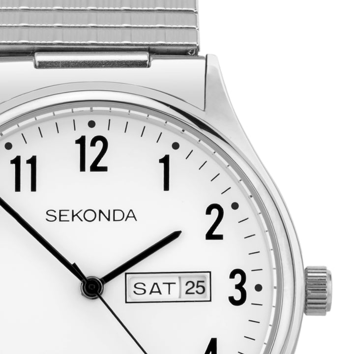 Sekonda easy reader watch with a white dial and stainless steel band.
