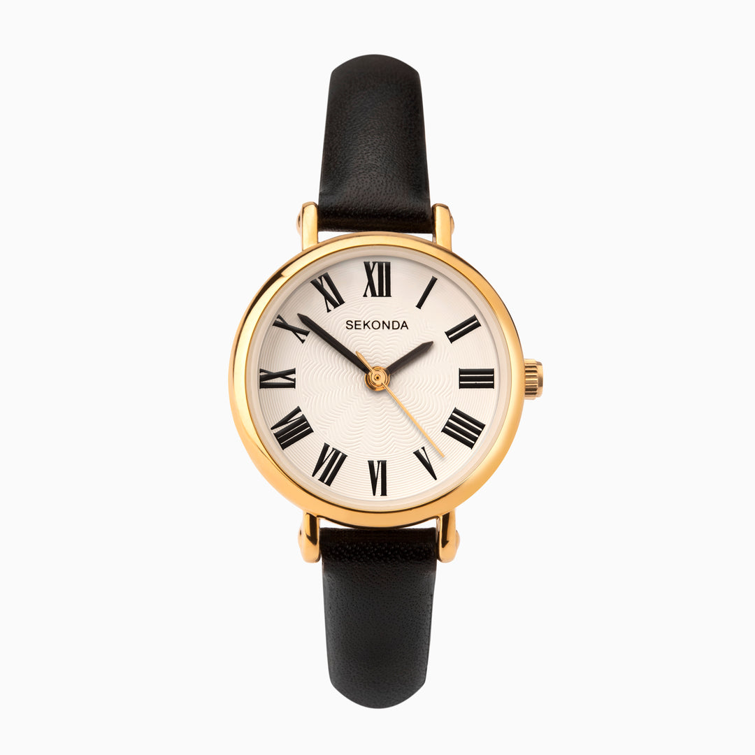 Sekonda ladies gold watch with a white face and black leather strap.