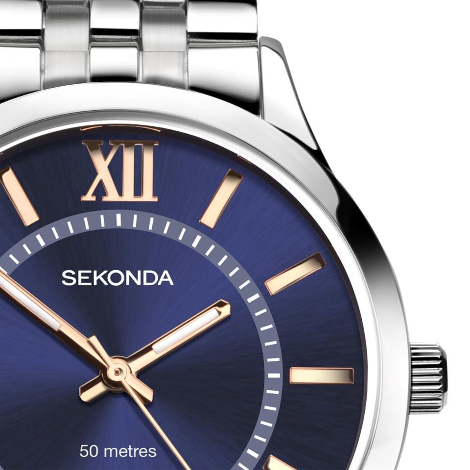 Sekonda men's watch blue dial and rose markers close up - Carathea jewellers