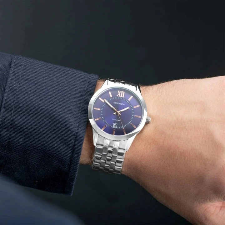 Sekonda men's watch blue dial and rose markers on model - Carathea jewellers