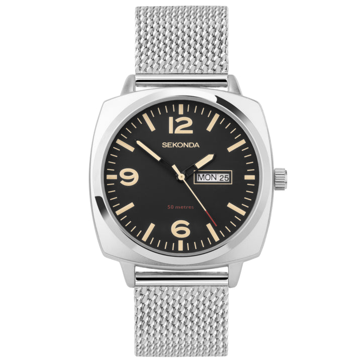 Sekonda square mesh watch with a silver case and black dial.
