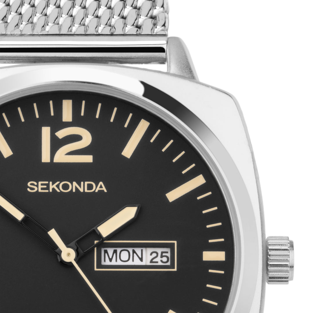 Sekonda square mesh watch with a silver case and black dial.