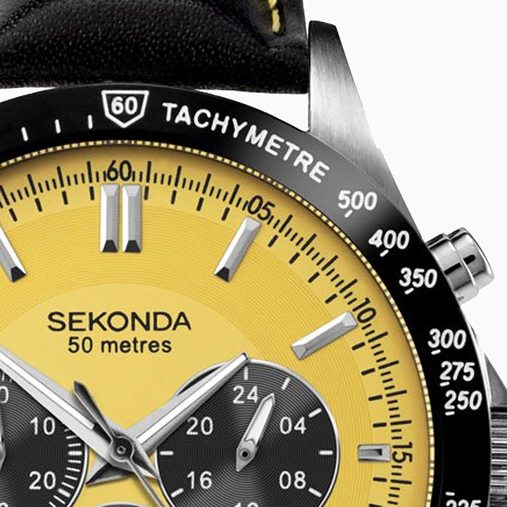 Sekonda men's yellow dial chronograph watch with a black leather strap.