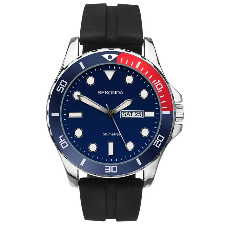 Men's Sekonda sports watch with a blue and red bezel and black rubber strap.