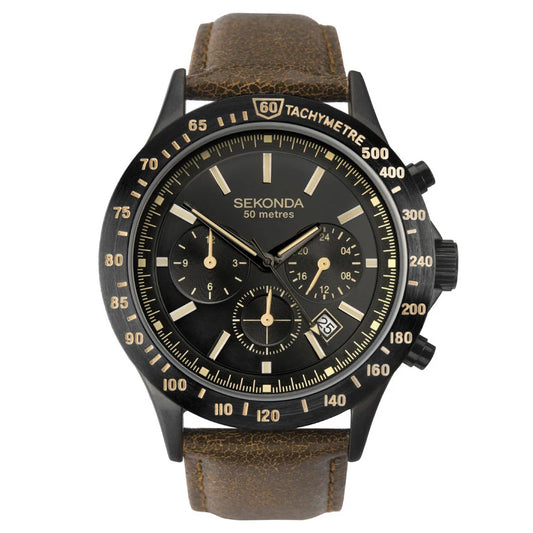 men's sekonda watch with black case brown strap - Carathea jewellers