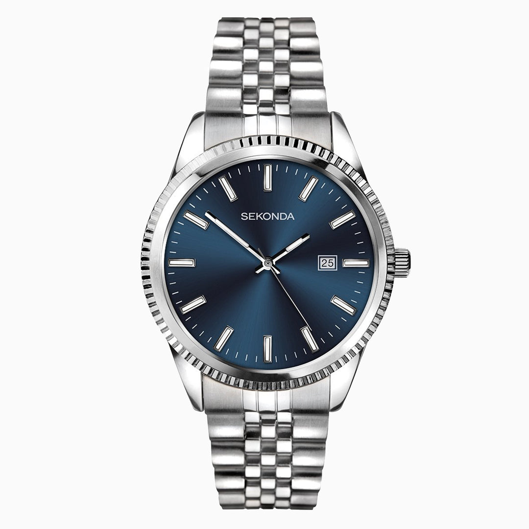 Men's Sekonda watch with a blue dial and silver stainless steel bracelet.