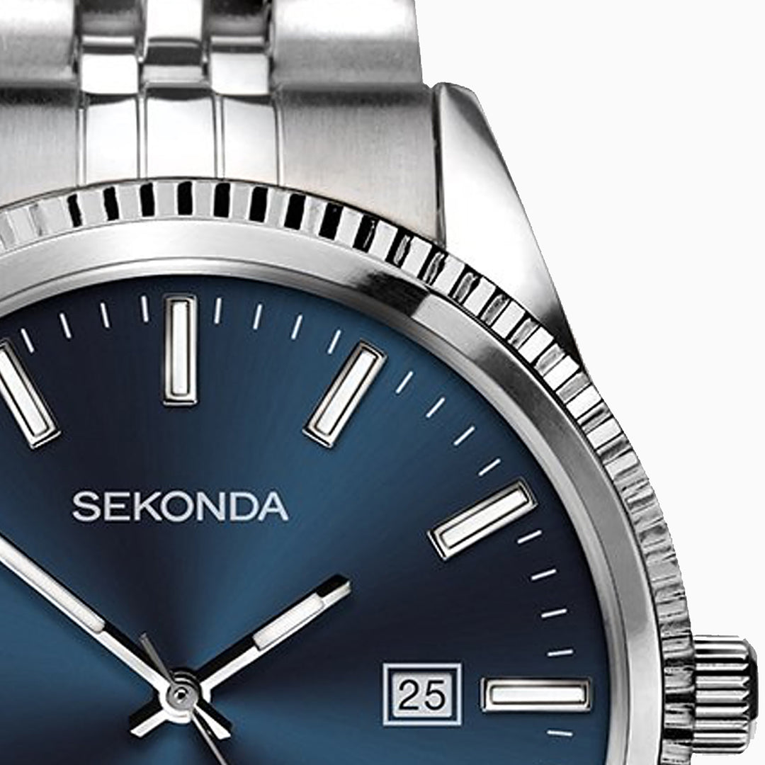 Men's Sekonda watch with a blue dial and silver stainless steel bracelet.