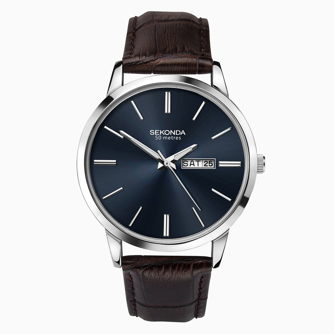 Sekonda brown strap watch with a blue sunray dial.