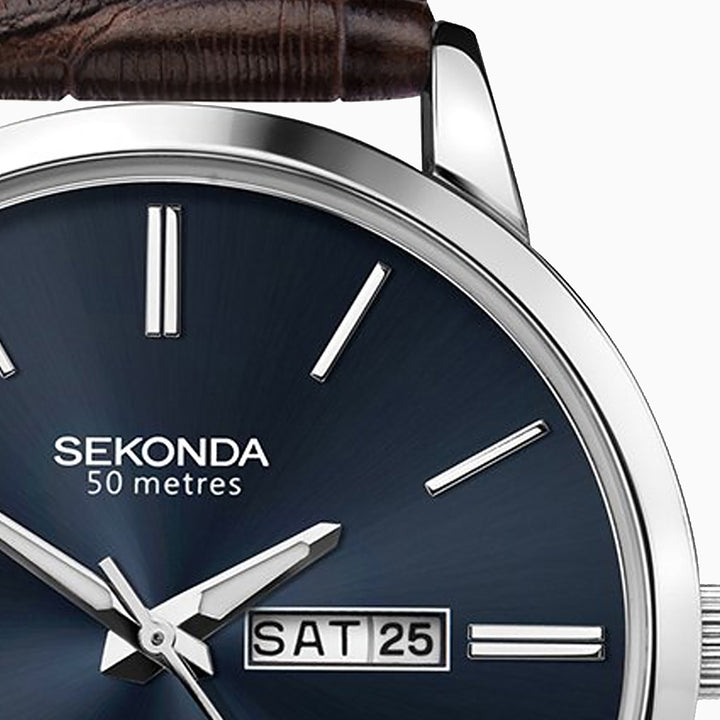 Sekonda brown strap watch with a blue sunray dial.