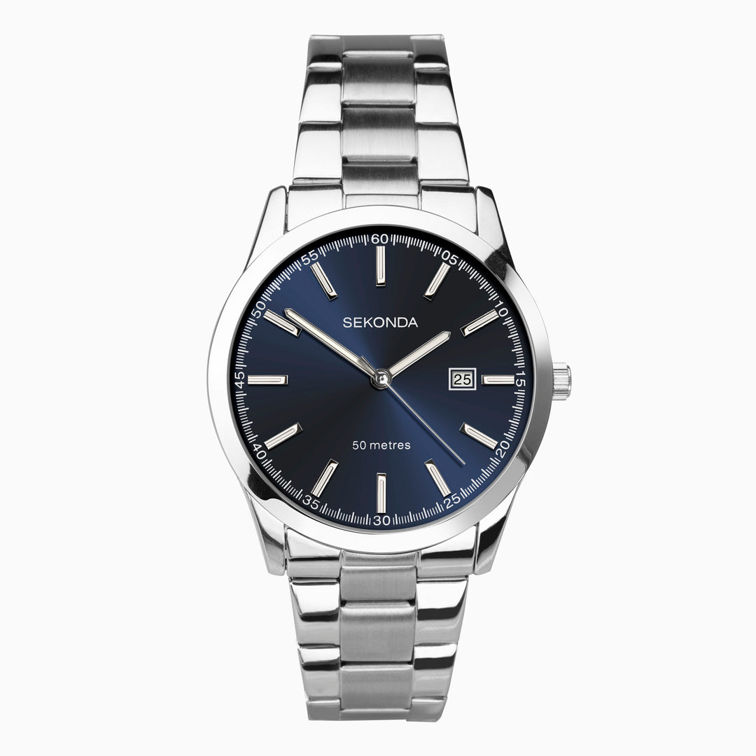 Blue Sekonda watch with a silver band and date display.
