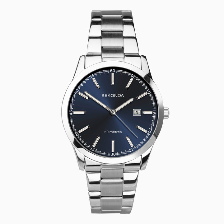 Blue Sekonda watch with a silver band and date display.
