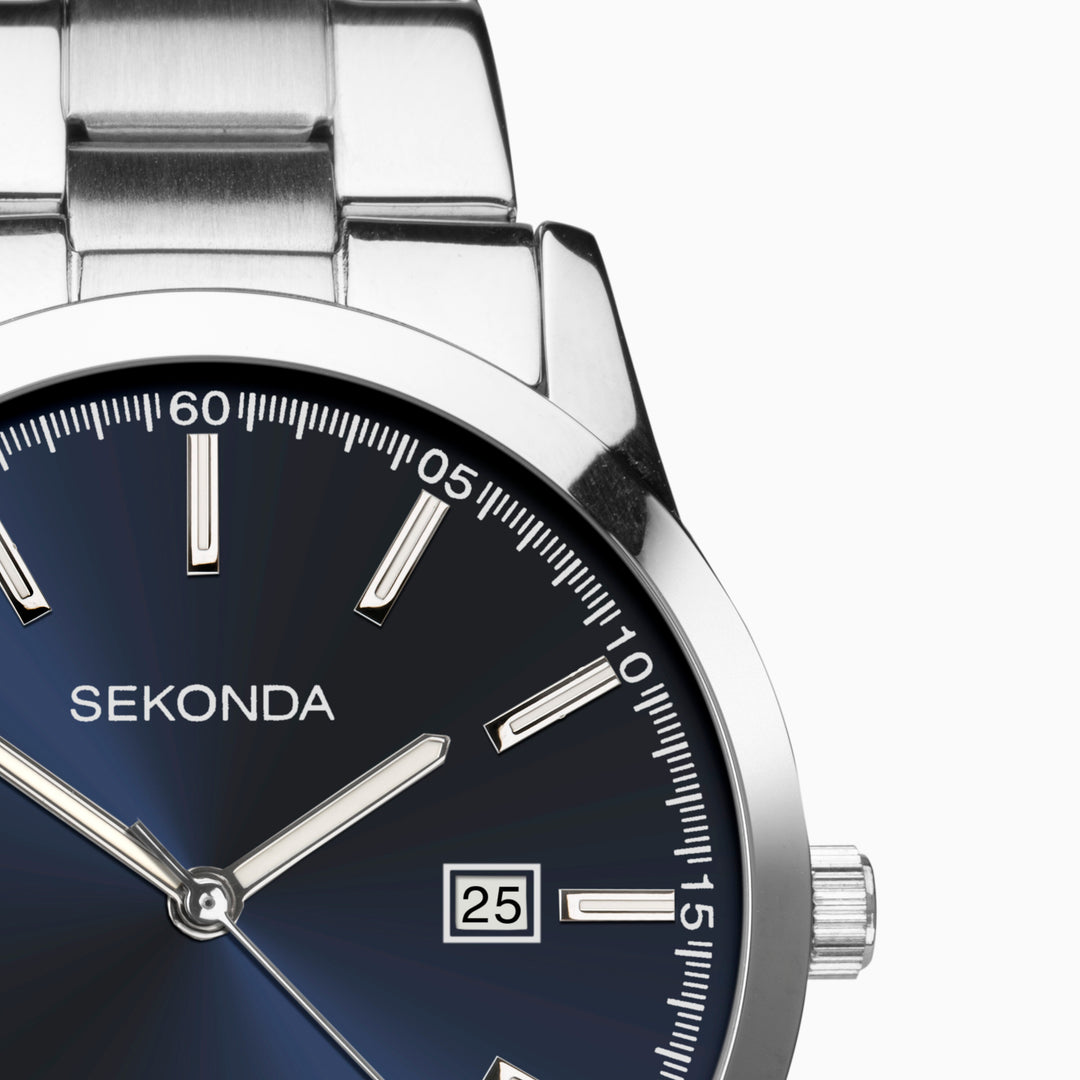 Blue Sekonda watch with a silver band and date display.