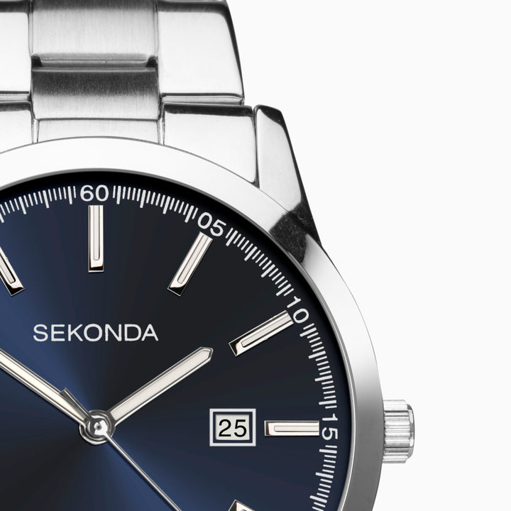 Blue Sekonda watch with a silver band and date display.