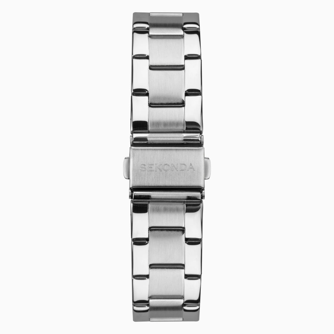 Blue Sekonda watch with a silver band and date display.