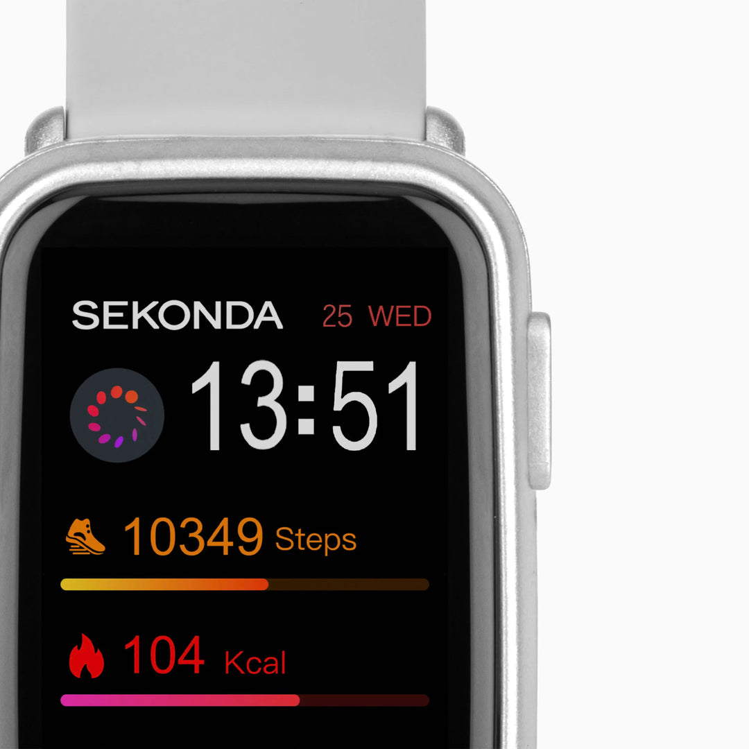 Sekonda smartwatch with a grey strap and rectangular touchscreen.