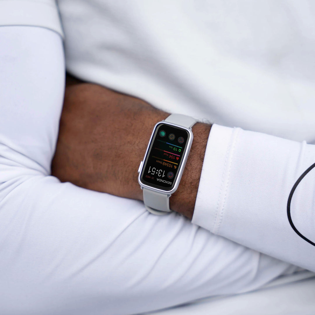 Sekonda smartwatch with a grey strap and rectangular touchscreen.