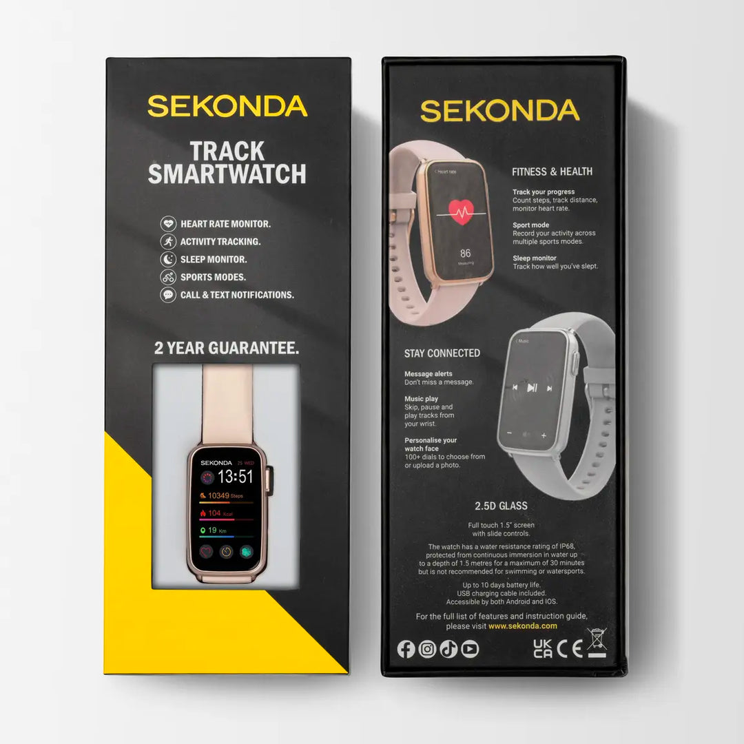 Sekonda smartwatch with a pink case and grey strap.