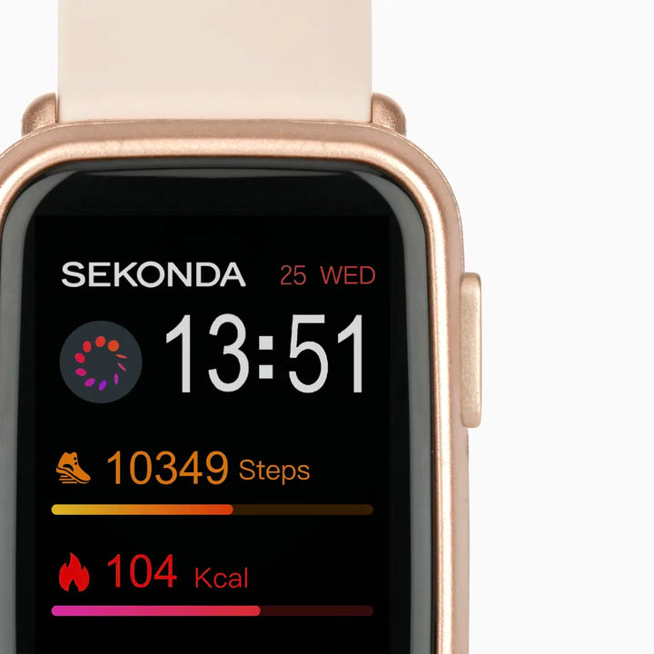Sekonda smartwatch with a pink case and grey strap.