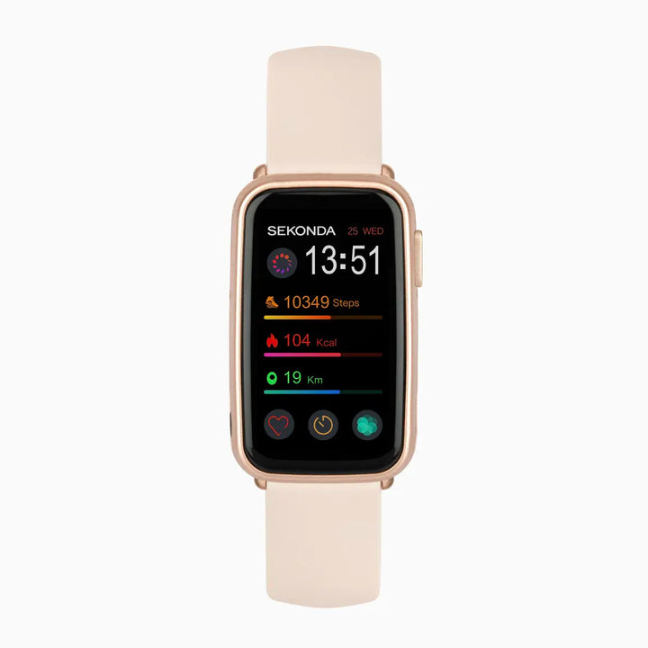 Sekonda smartwatch with a pink case and grey strap.