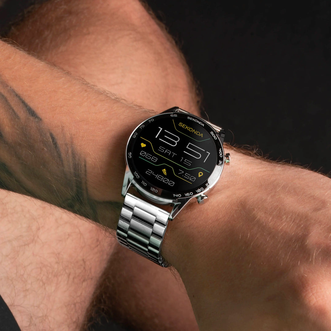 Sekonda smart watch with a silver band and touchscreen display.