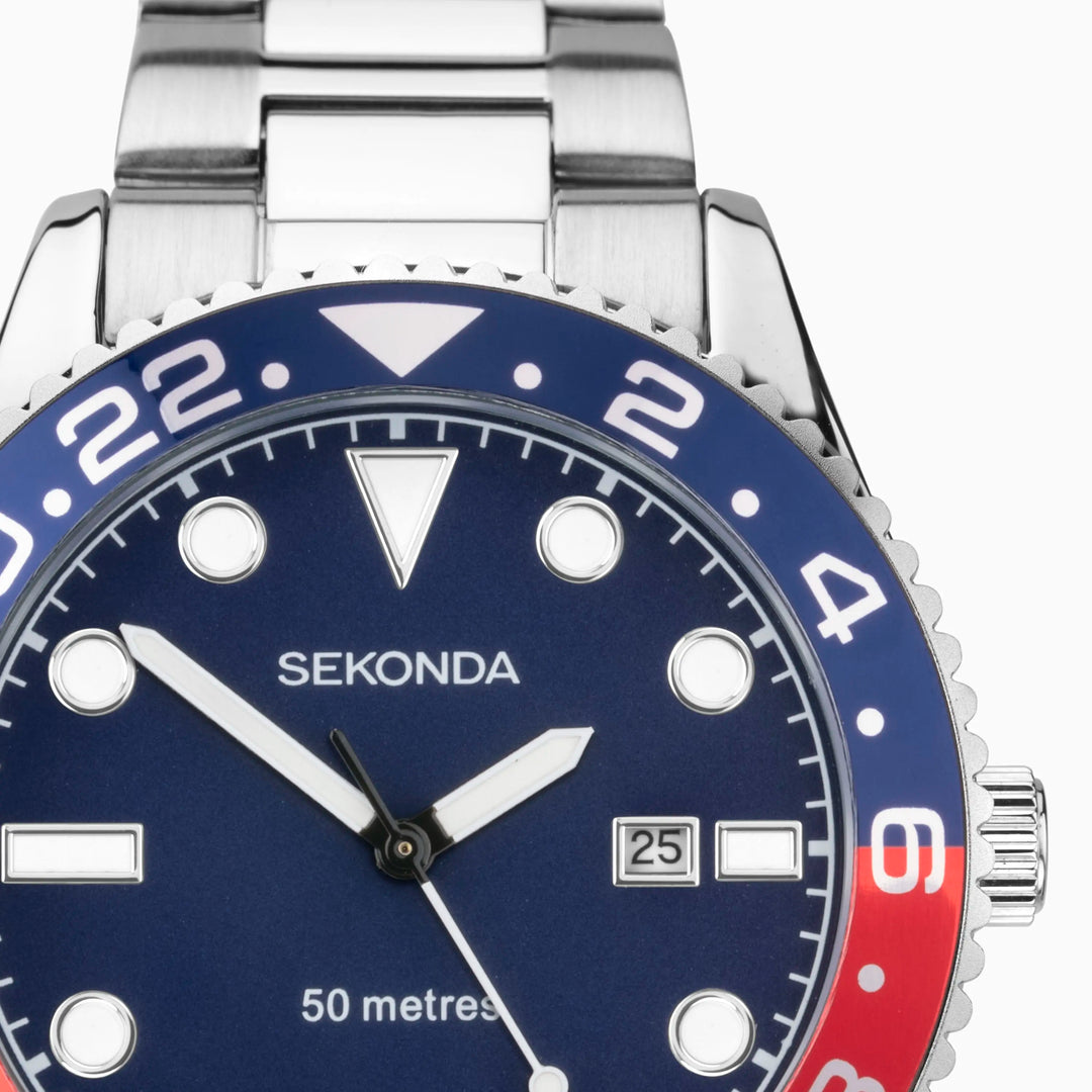 Sekonda watch with a blue dial and stainless steel bracelet.