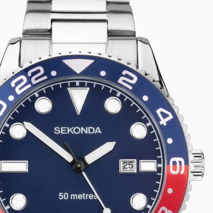 Sekonda watch with a blue dial and stainless steel bracelet.
