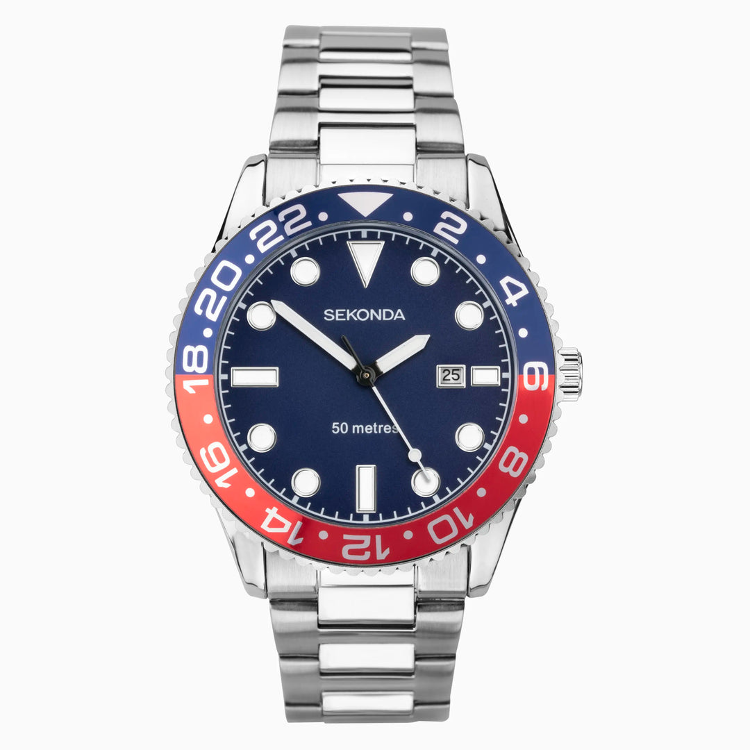 Sekonda watch with a blue dial and stainless steel bracelet.